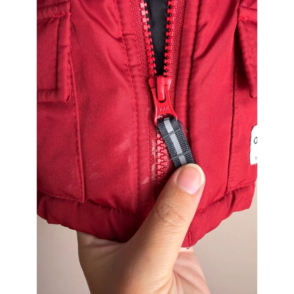 OshKosh Bgosh Baby Boy Red Gray Fleece Lined Hooded Puffer Winter Jacket 12M